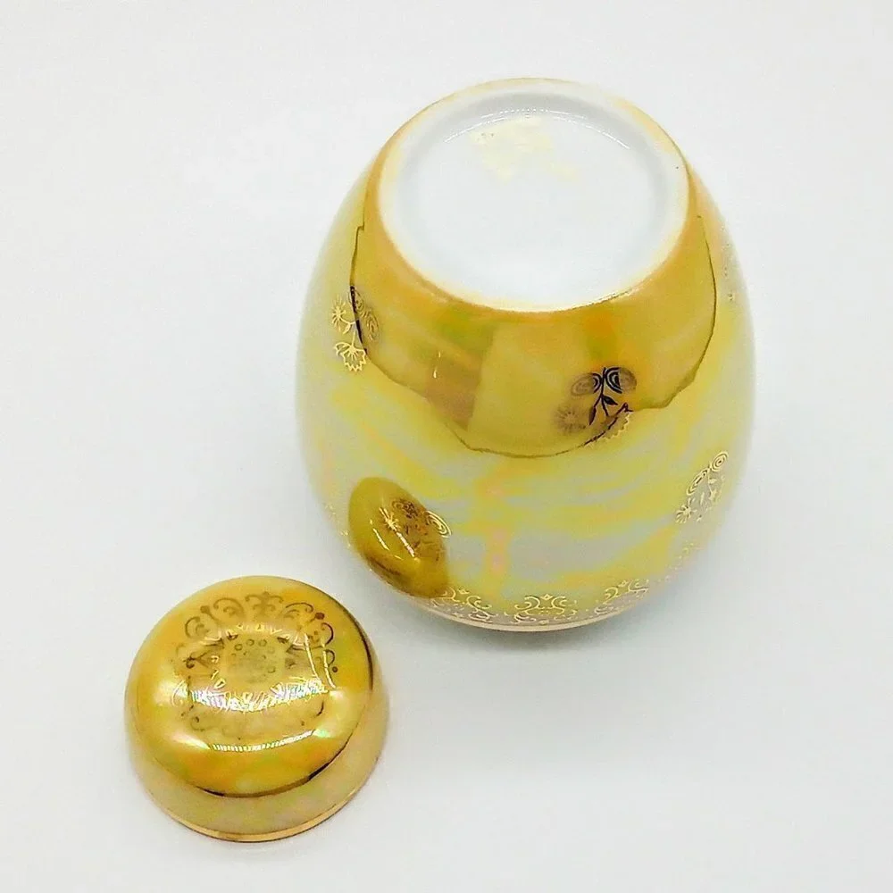Yellow Iridescent Covered Gold Accented Porcelain Ginger Jar